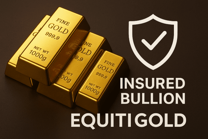 Stack of 999.9 fine gold bars labeled Equiti Gold with shield icon and insured bullion text on dark background